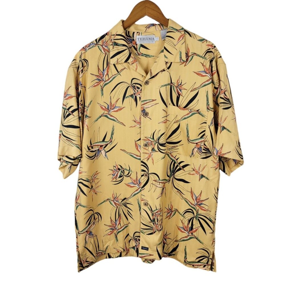 Tehama 100% Silk Mens Hawaiian Shirt Large Tropical Bird Of Paradise Yellow